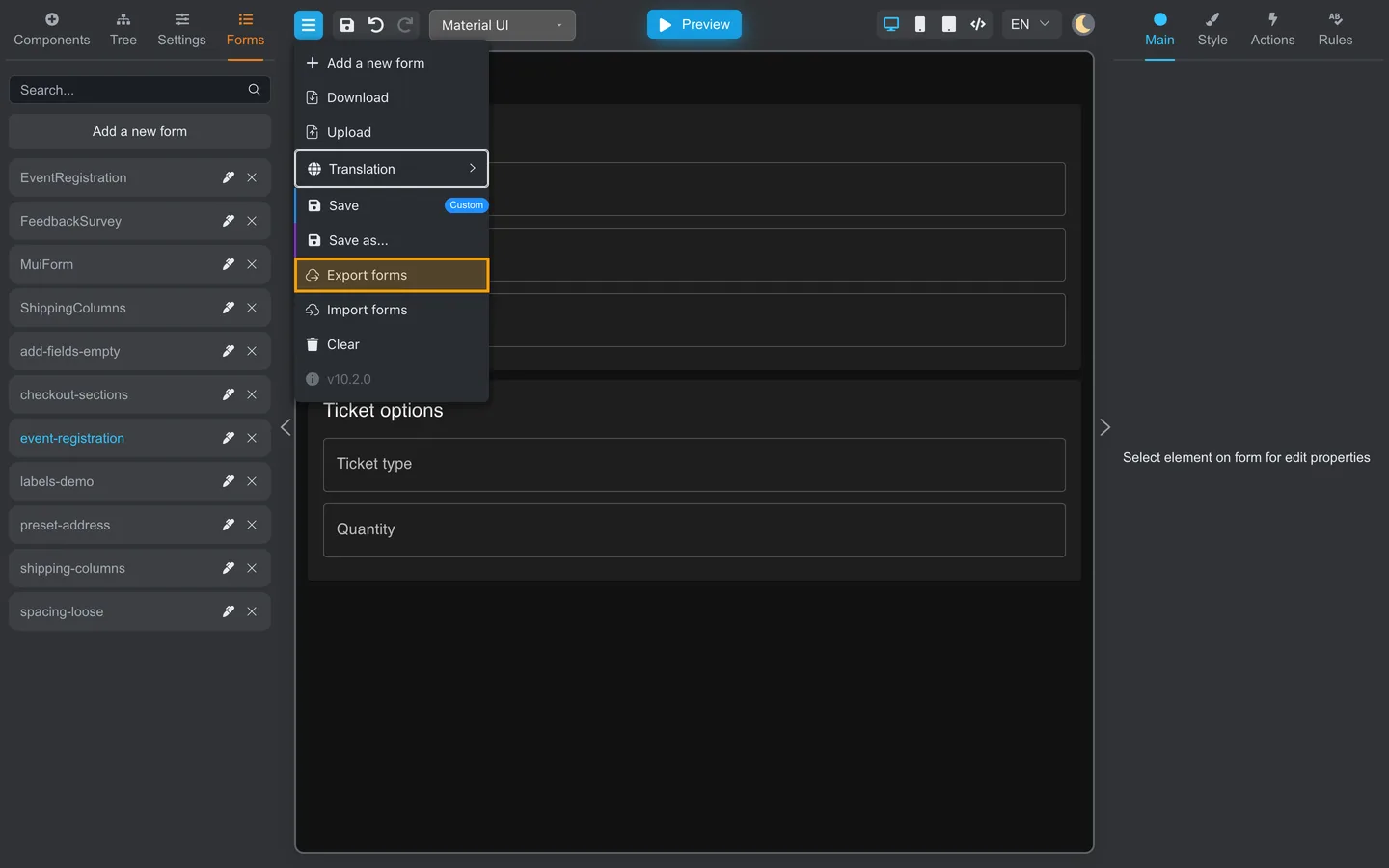 Header menu open with Export forms highlighted.