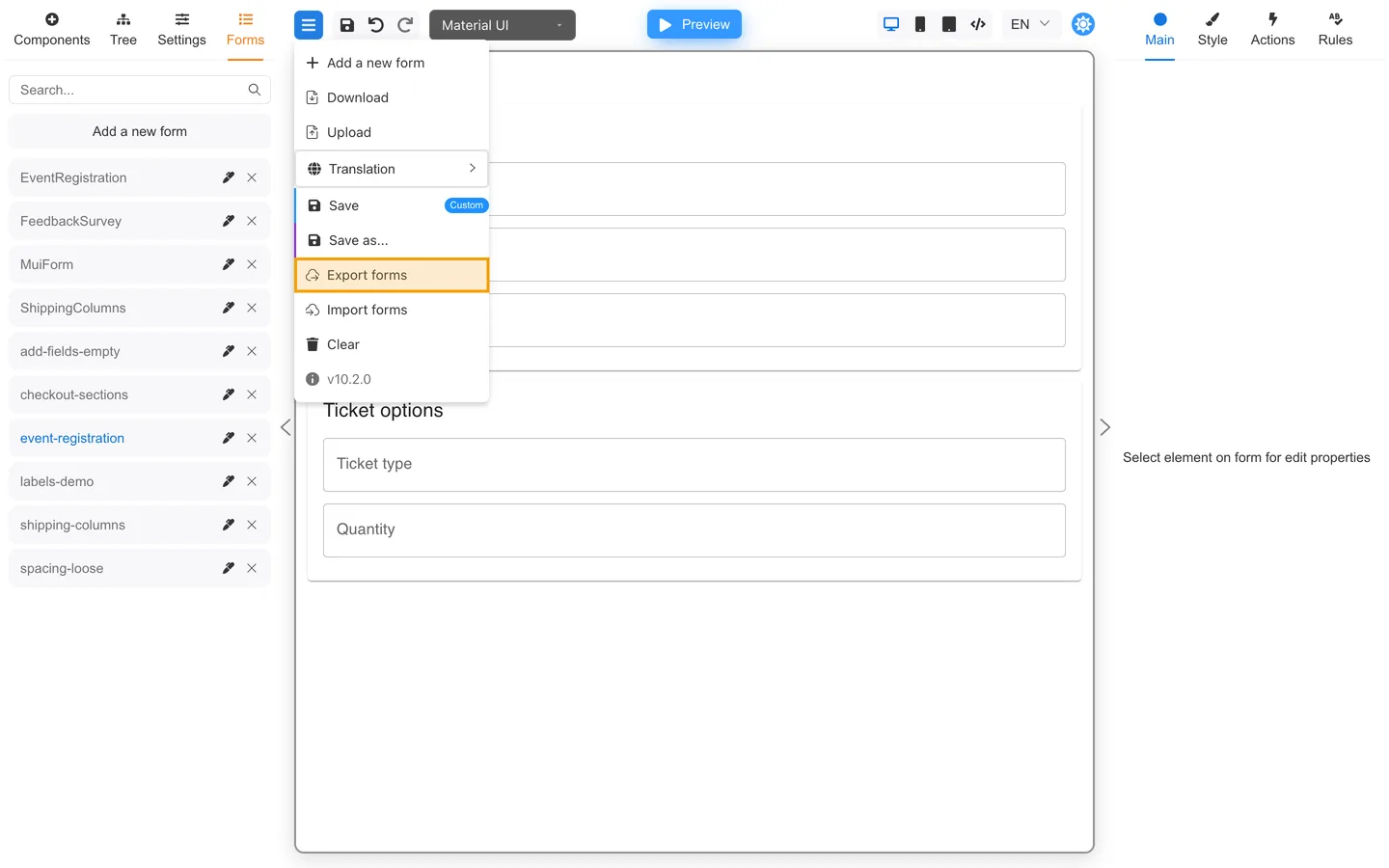 Header menu open with Export forms highlighted.