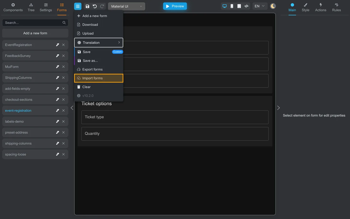 Header menu open with Import forms highlighted.