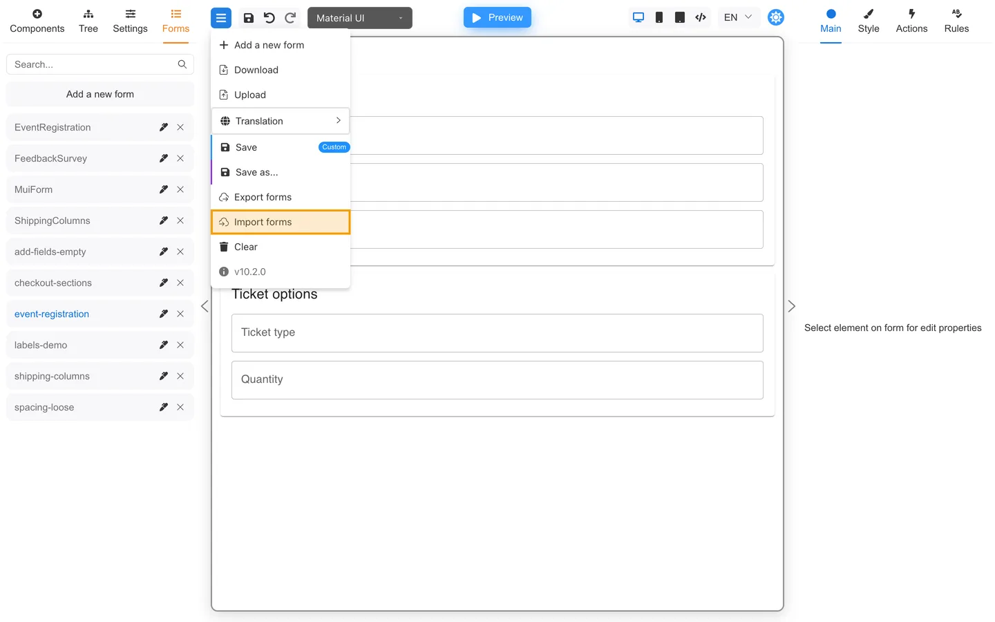 Header menu open with Import forms highlighted.