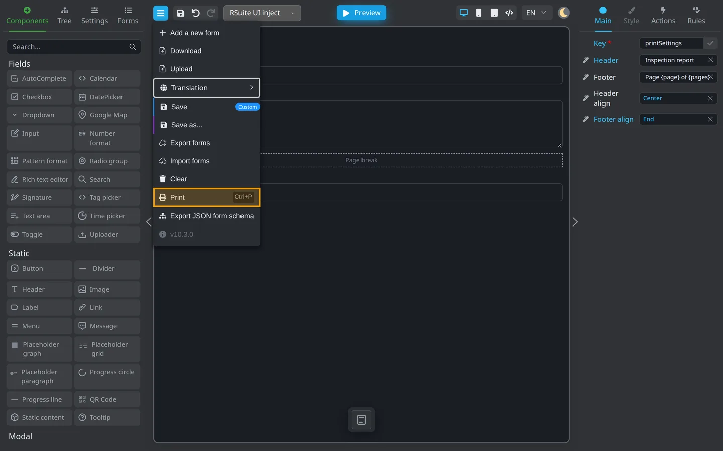 Header menu open with Print highlighted and Ctrl+P shortcut shown.