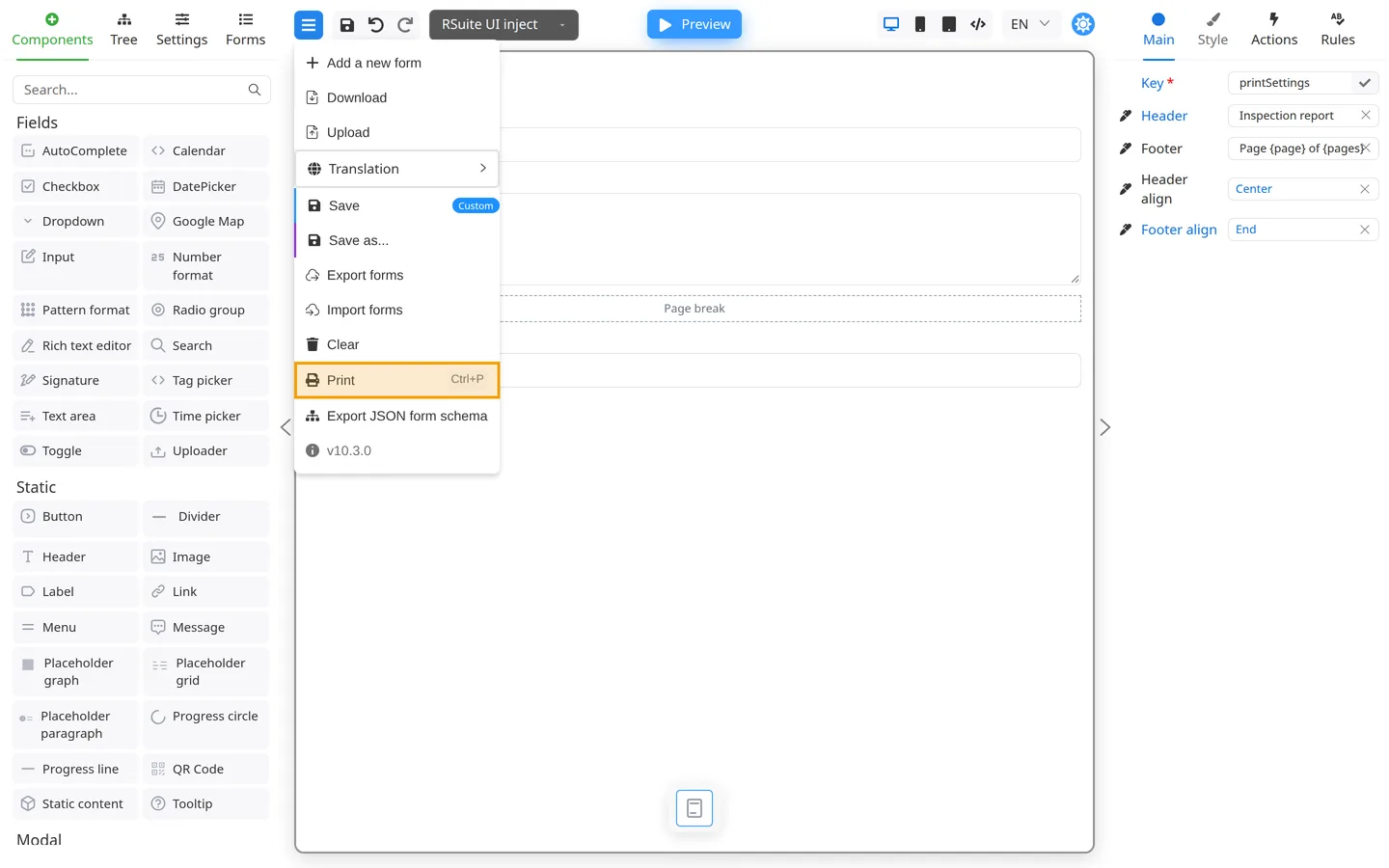 Header menu open with Print highlighted and Ctrl+P shortcut shown.