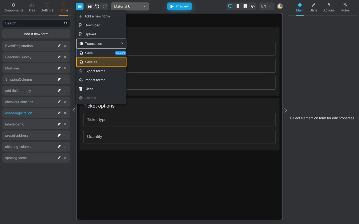 Header menu open with Save as highlighted.
