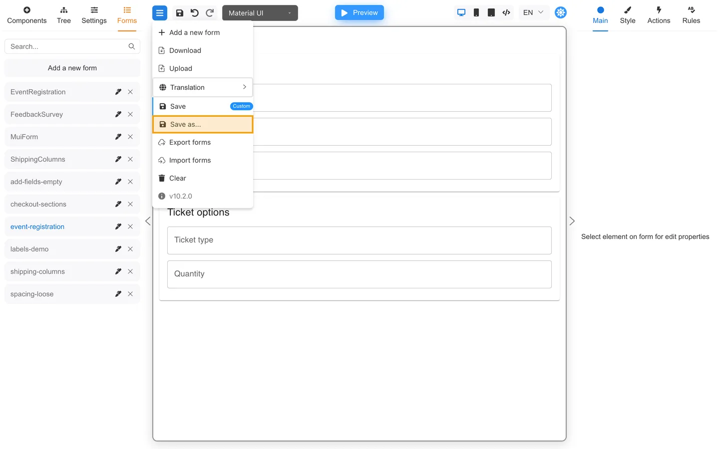 Header menu open with Save as highlighted.