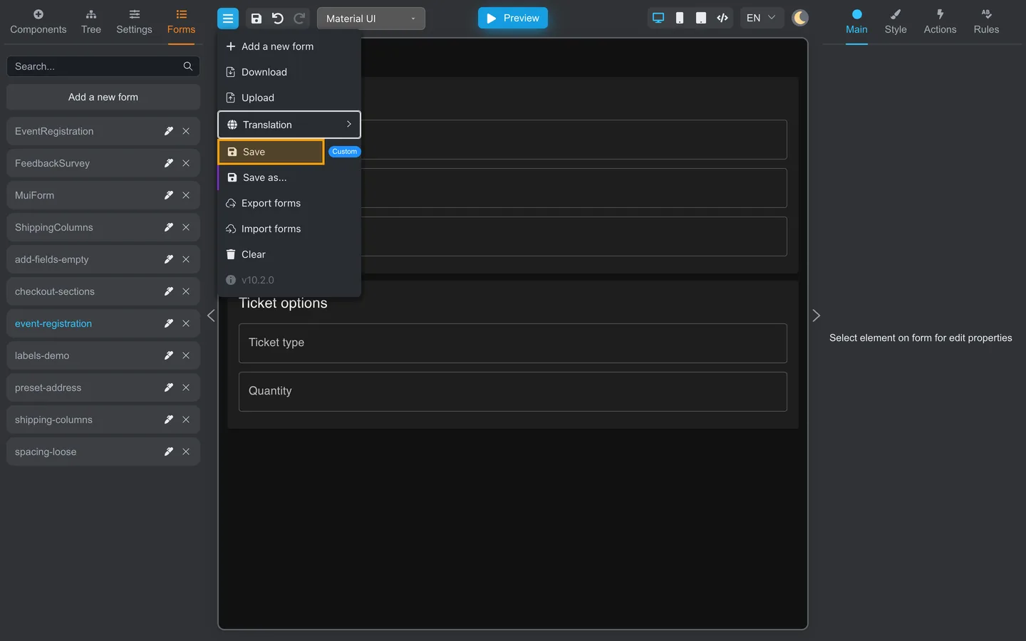 Header menu open with Save highlighted.
