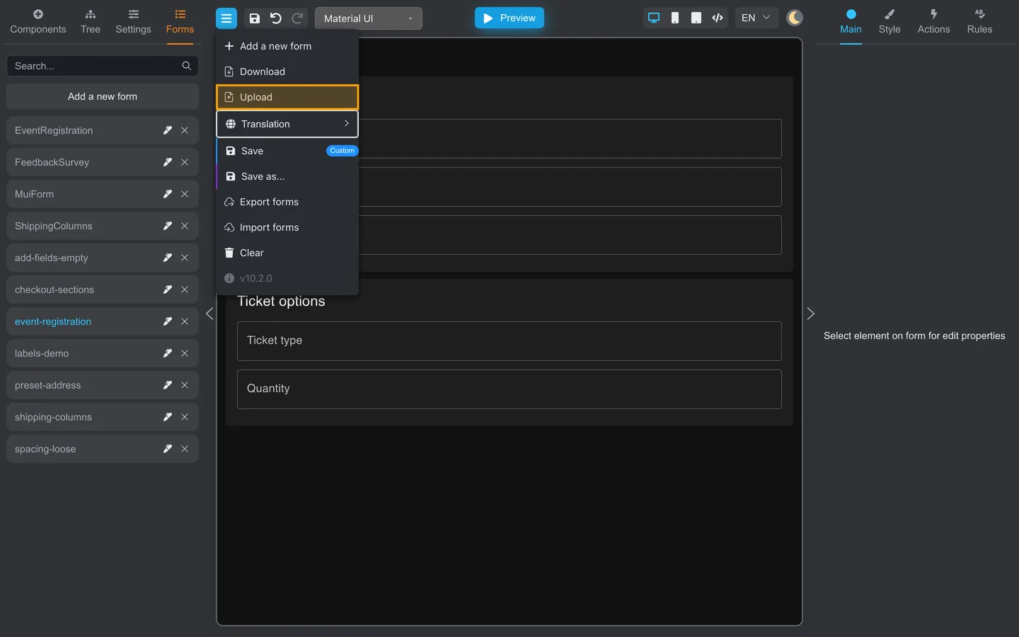 Header menu open with Upload highlighted.