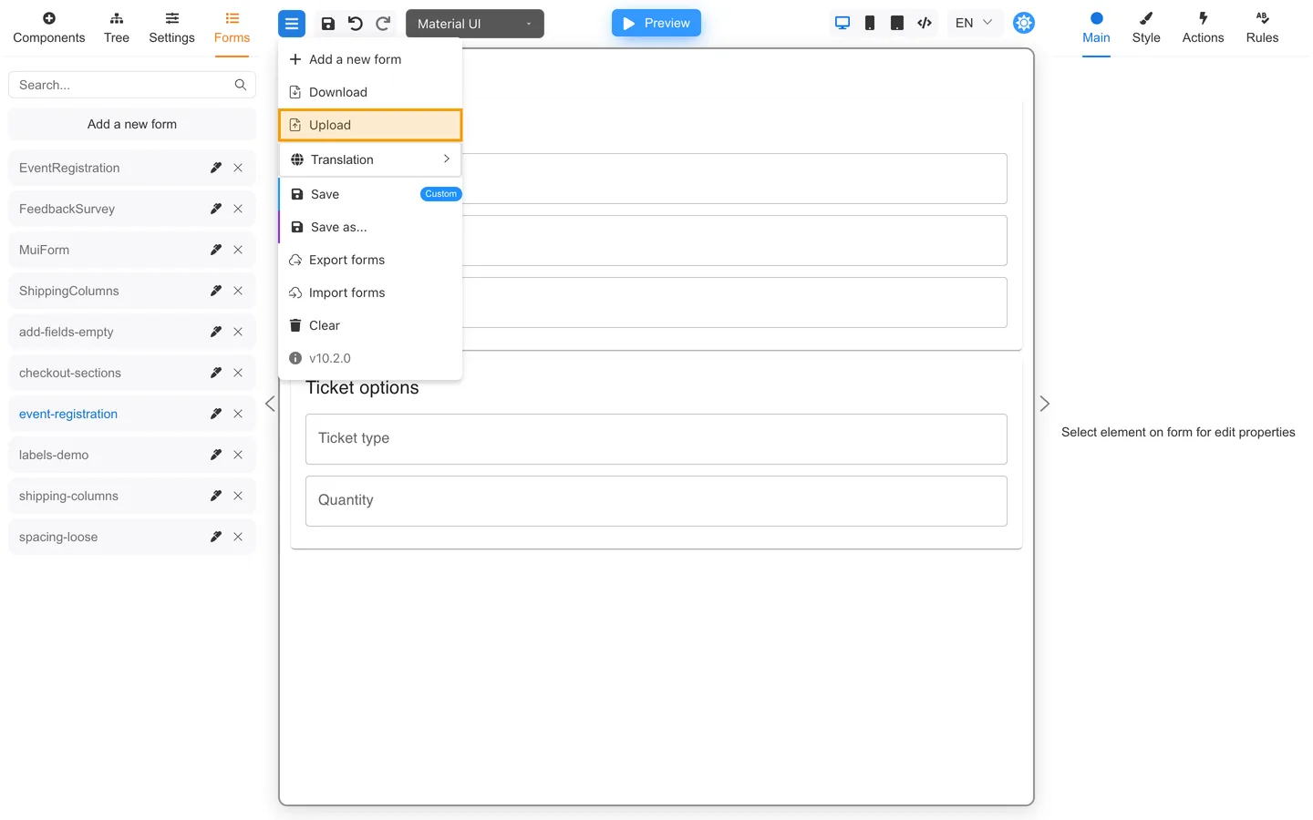Header menu open with Upload highlighted.