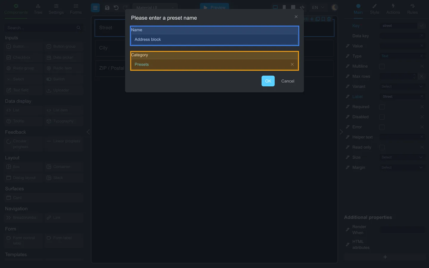 Preset dialog with Name and Category fields highlighted.