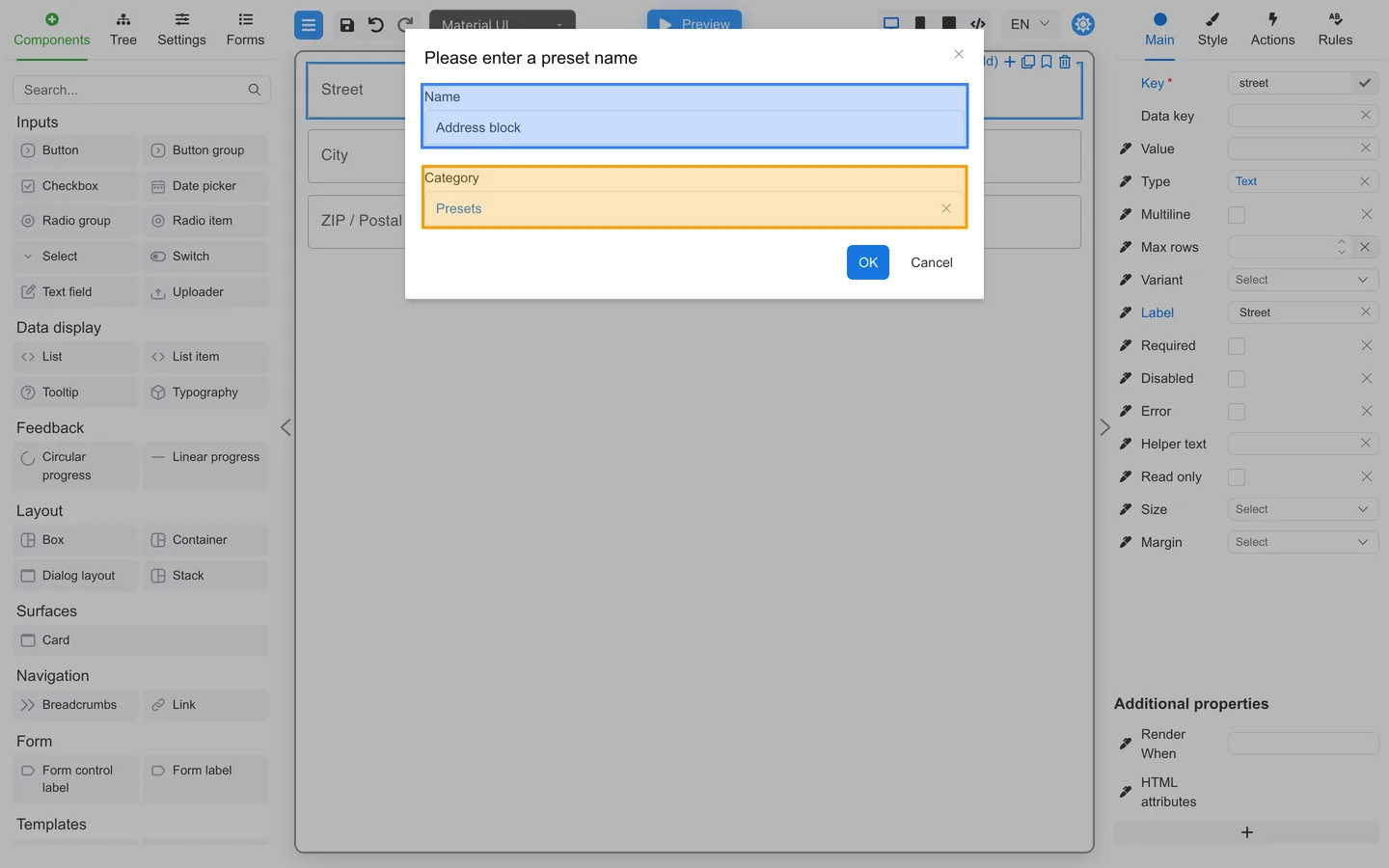 Preset dialog with Name and Category fields highlighted.