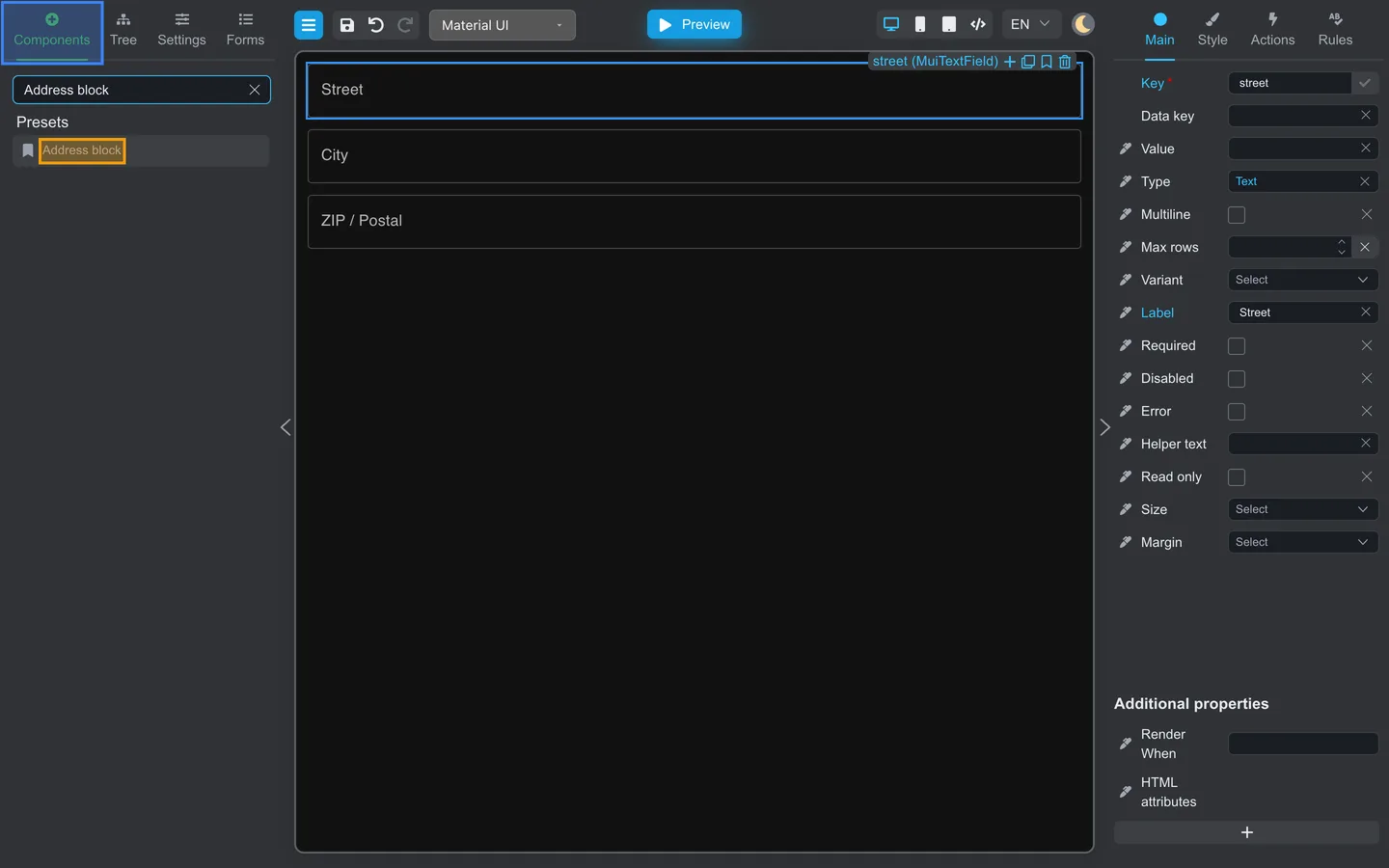 Components palette with Address block preset highlighted after search.
