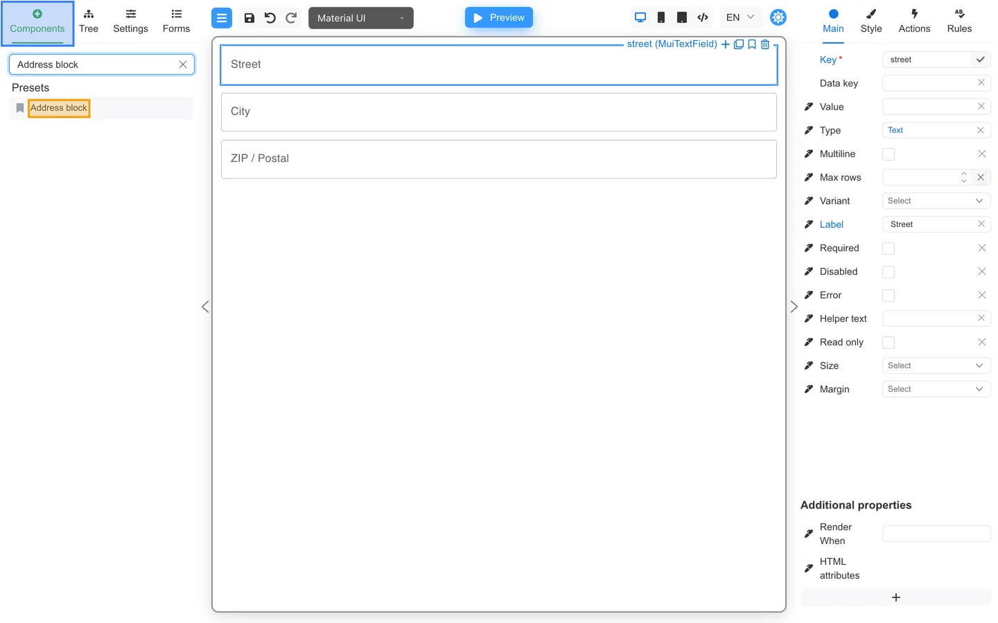 Components palette with Address block preset highlighted after search.