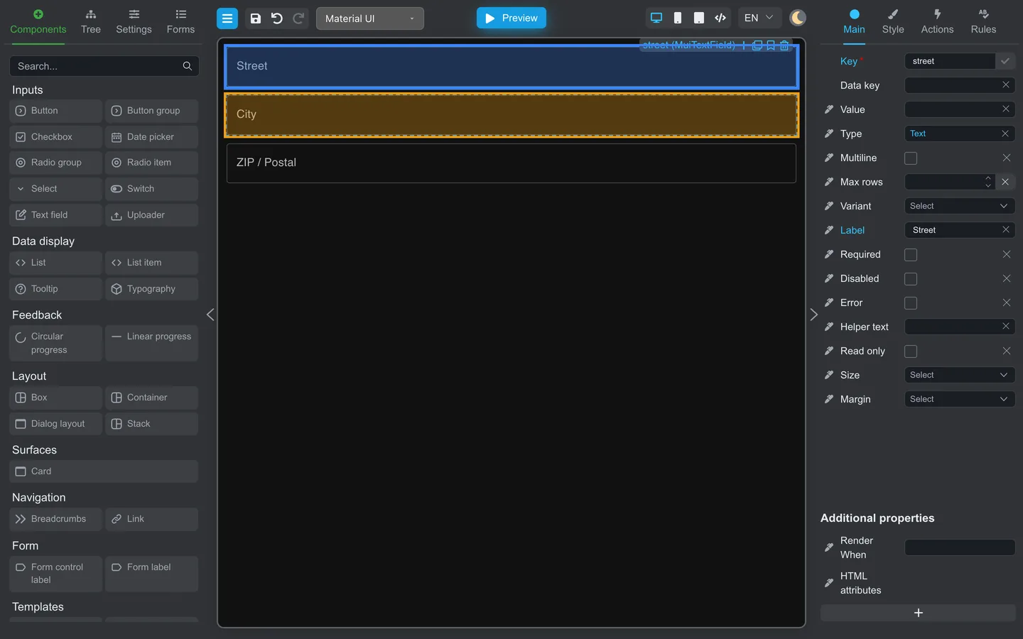 Street and City text fields multi-selected on the canvas.