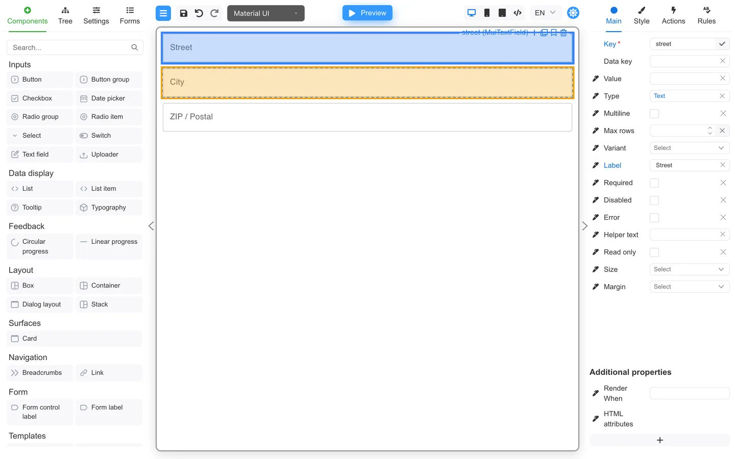 Street and City text fields multi-selected on the canvas.