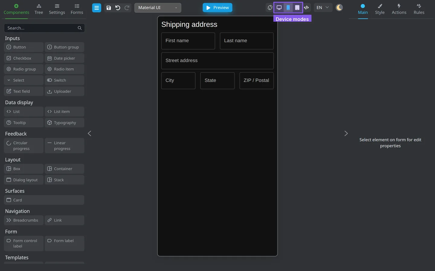Header device mode selector highlighted with Desktop, Mobile, and Tablet buttons; Mobile selected.