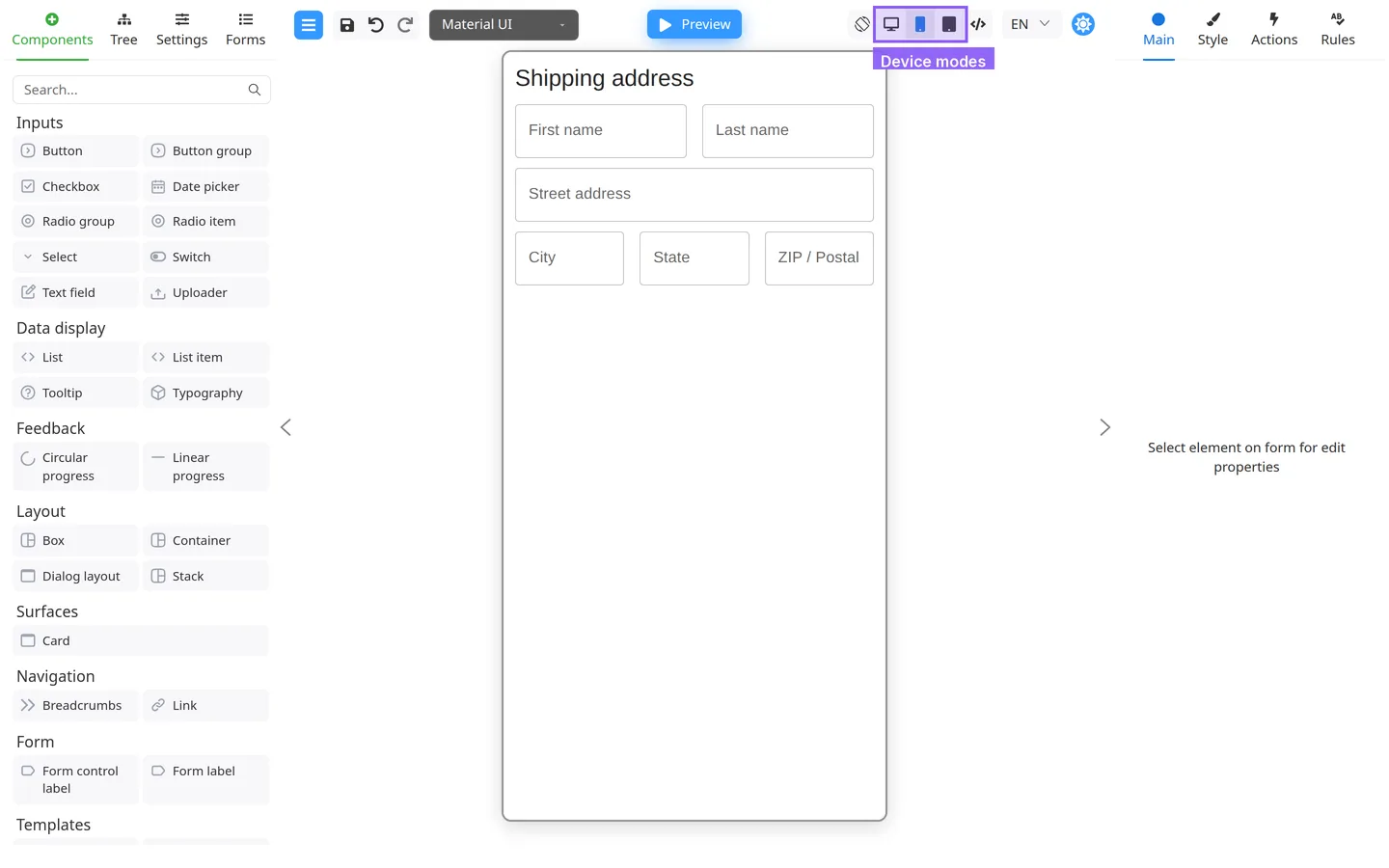 Header device mode selector highlighted with Desktop, Mobile, and Tablet buttons; Mobile selected.