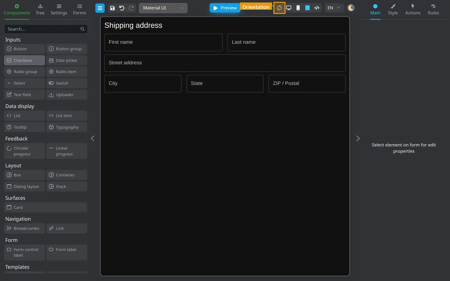 Tablet mode selected with the Orientation rotate control highlighted to the left of the device buttons.