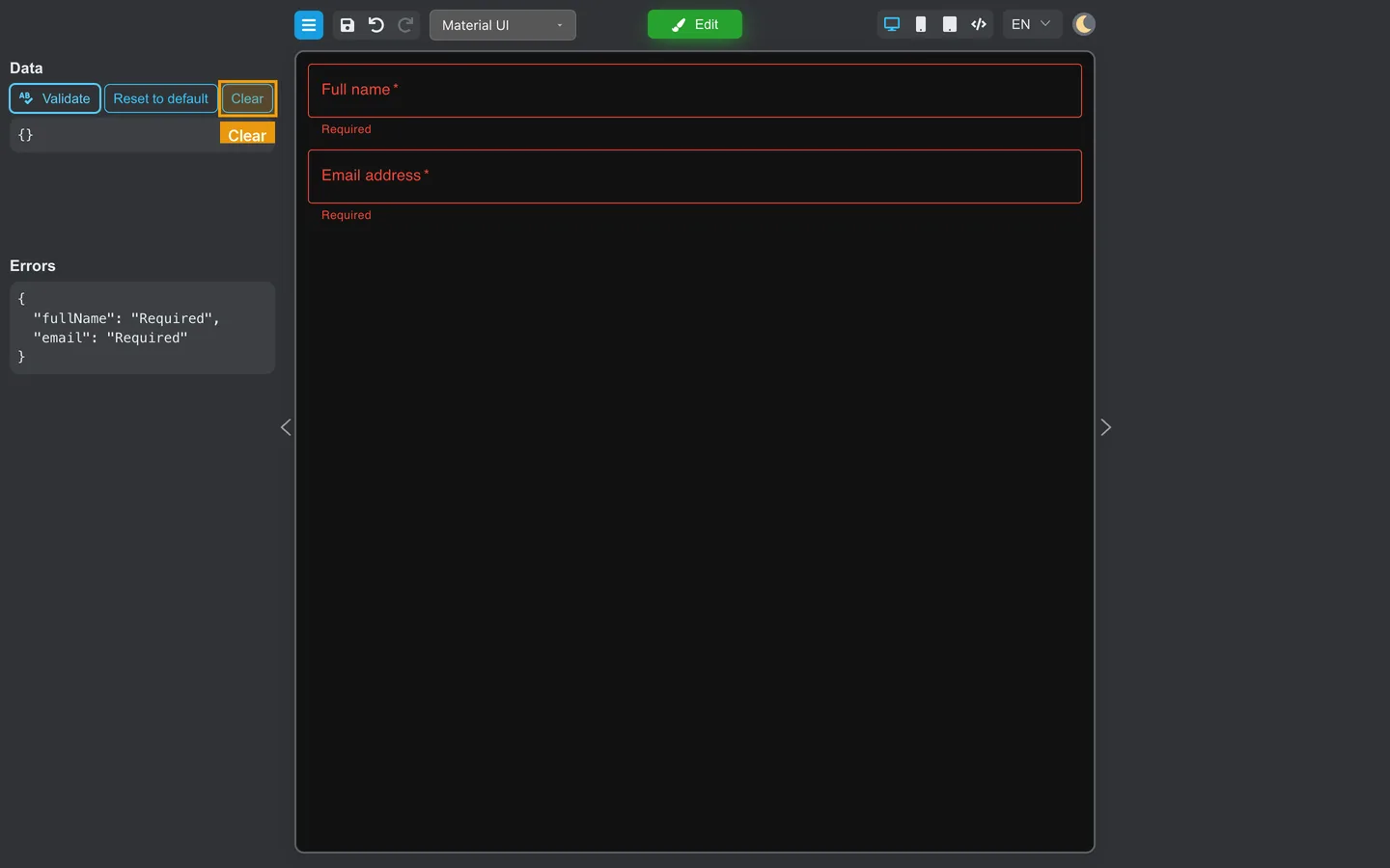 Clear button highlighted in the Preview Data toolbar.