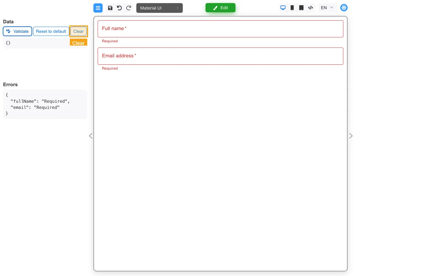 Clear button highlighted in the Preview Data toolbar.