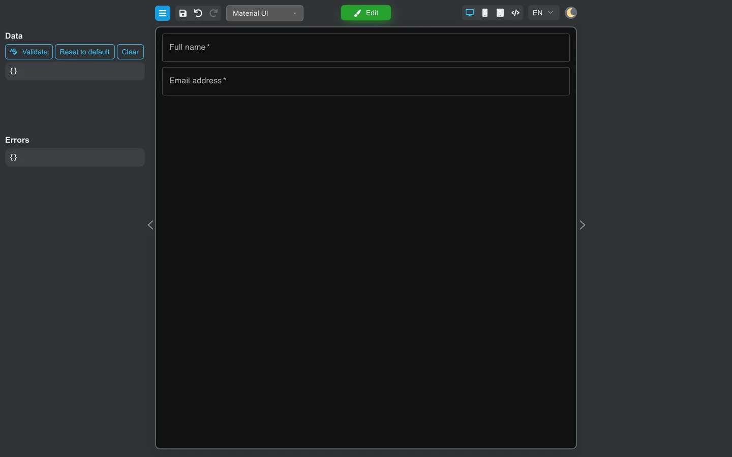 Preview with Data and Errors panels.