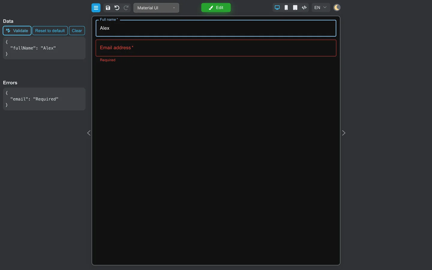 Preview mode to test button actions.