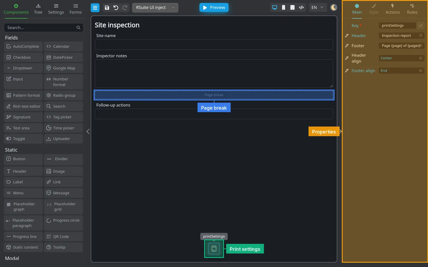 Form with a Page break on the canvas and Print settings selected in the non-visual bar.