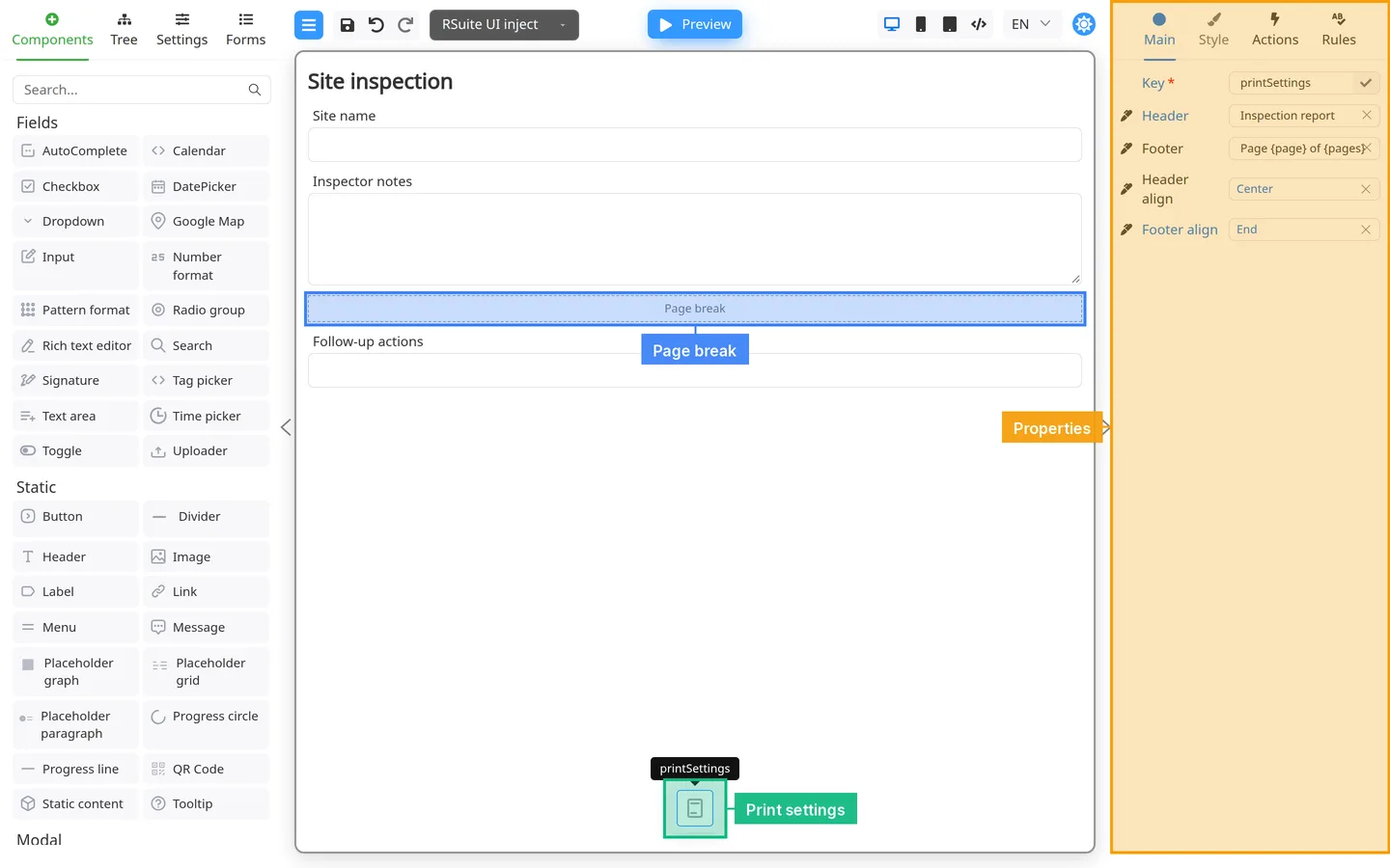 Form with a Page break on the canvas and Print settings selected in the non-visual bar.