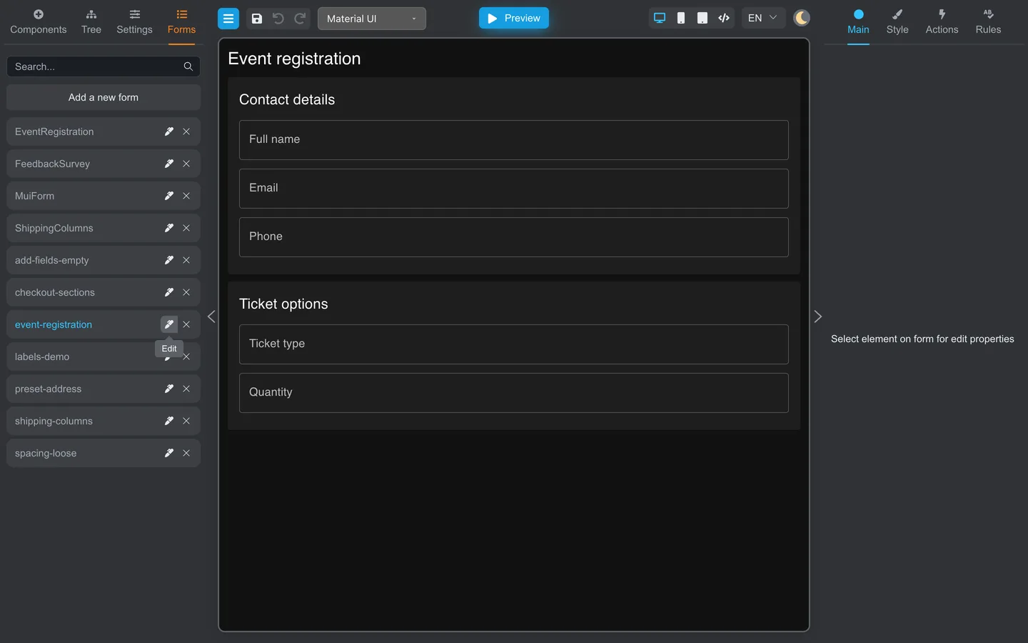 Event registration form with Contact and Ticket Card sections on the canvas.