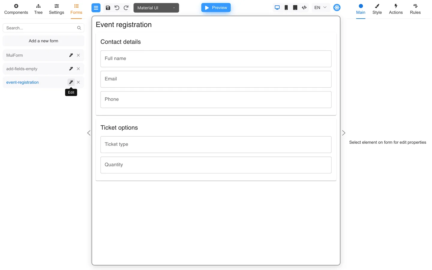 Event registration form with Contact and Ticket Card sections on the canvas.