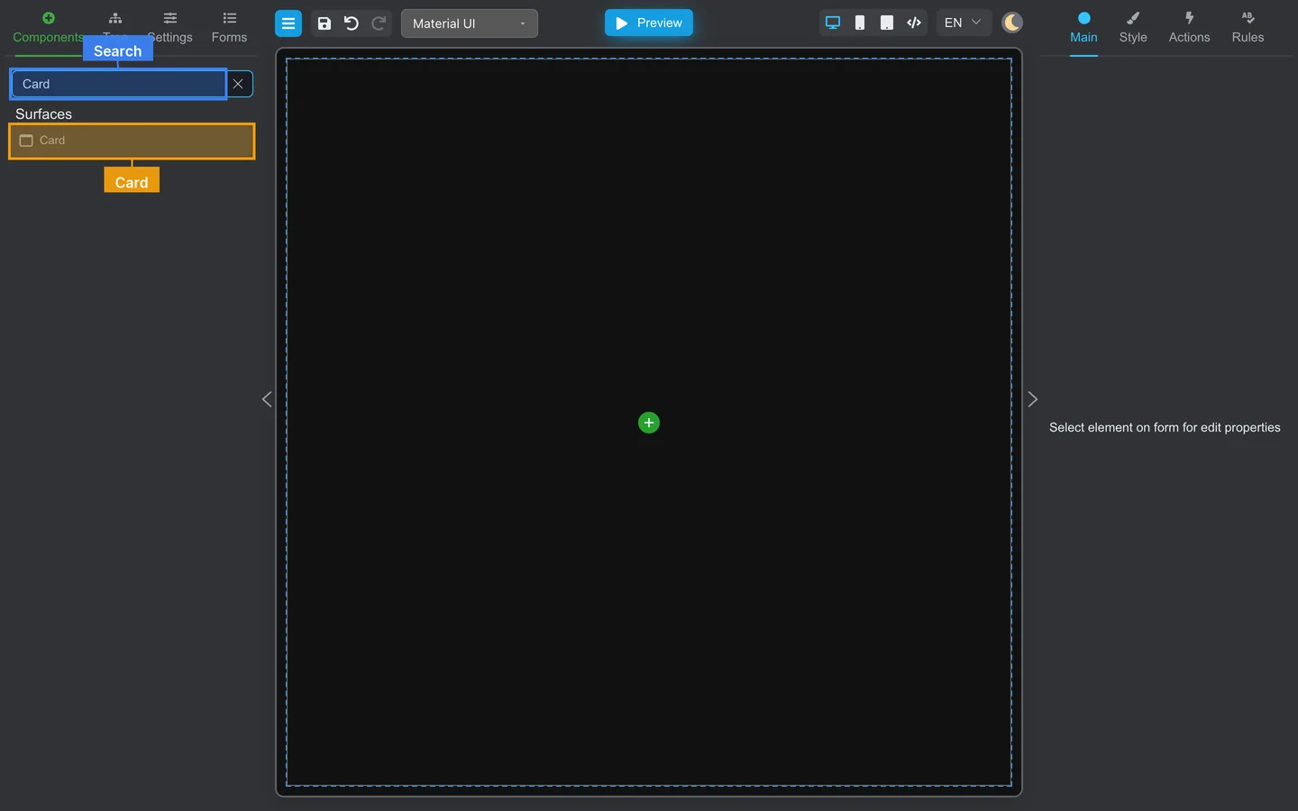 Components palette with Card highlighted after search.