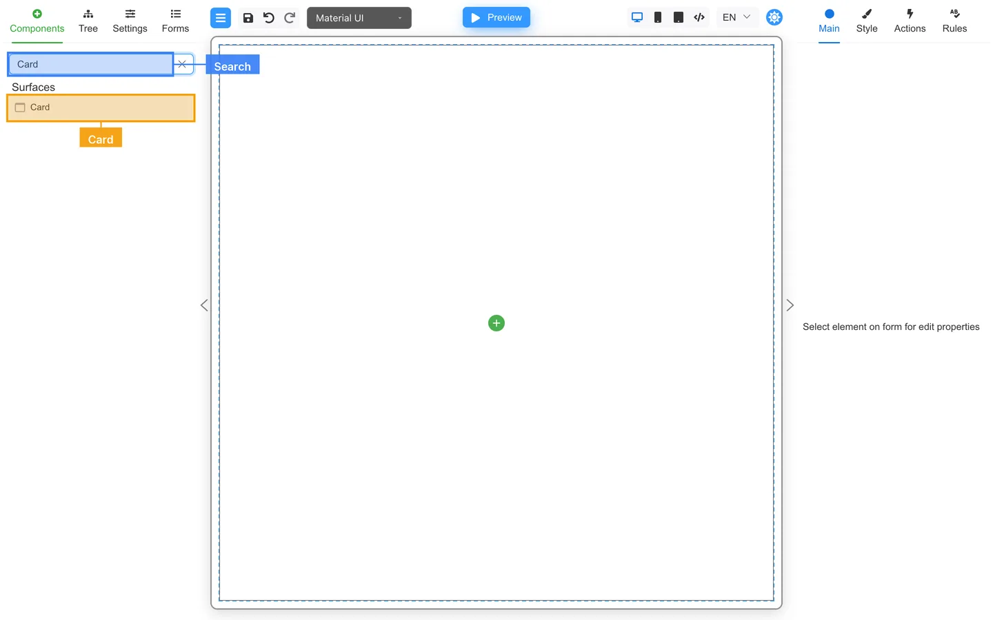 Components palette with Card highlighted after search.