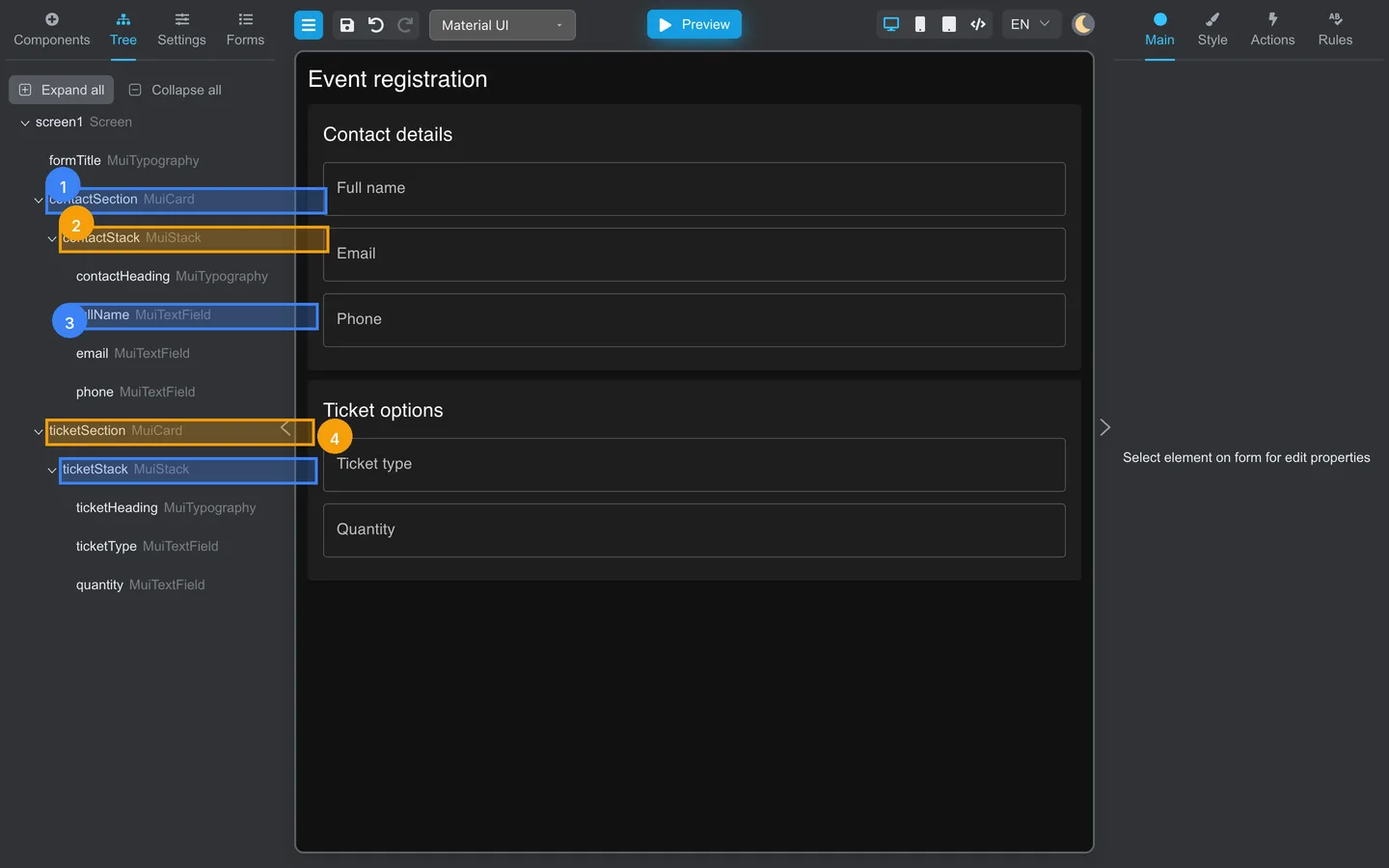 Tree tab with Card and Stack parents wrapping nested text fields.