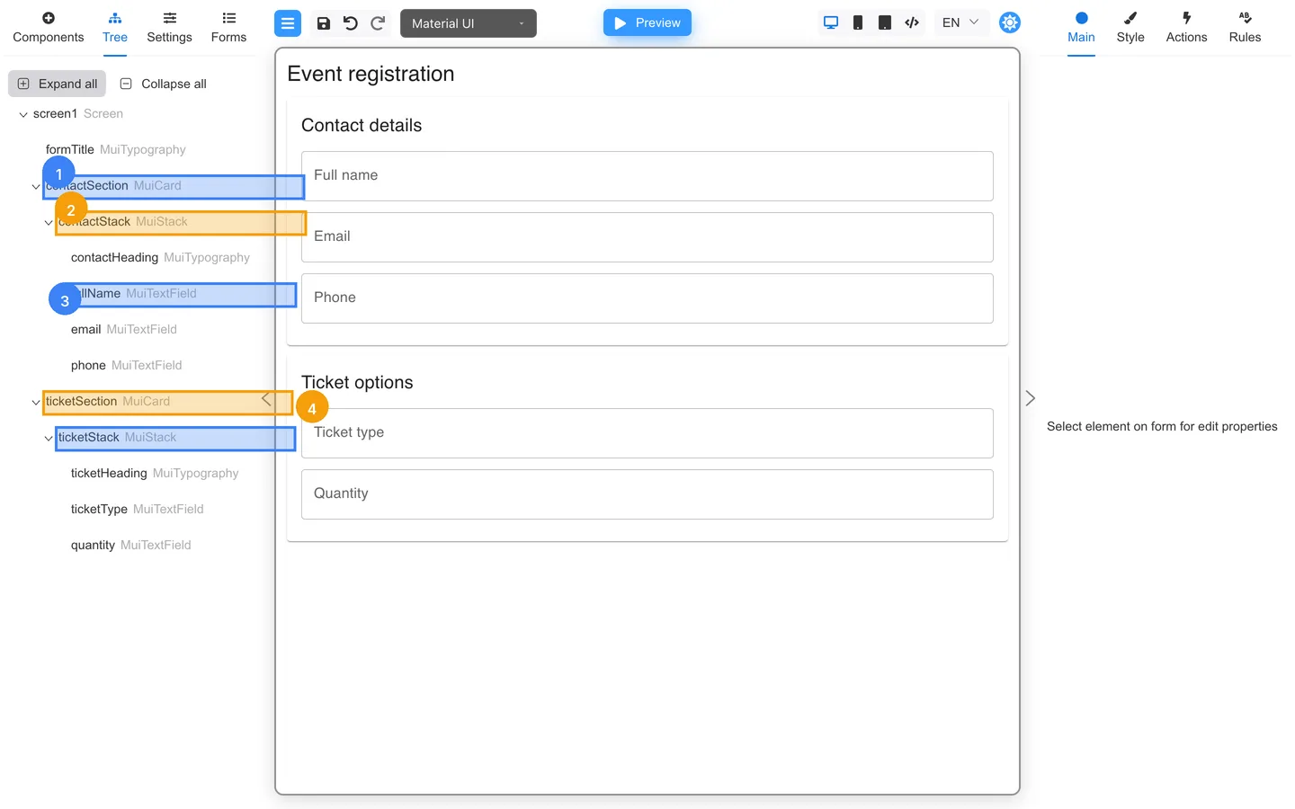 Tree tab with Card and Stack parents wrapping nested text fields.