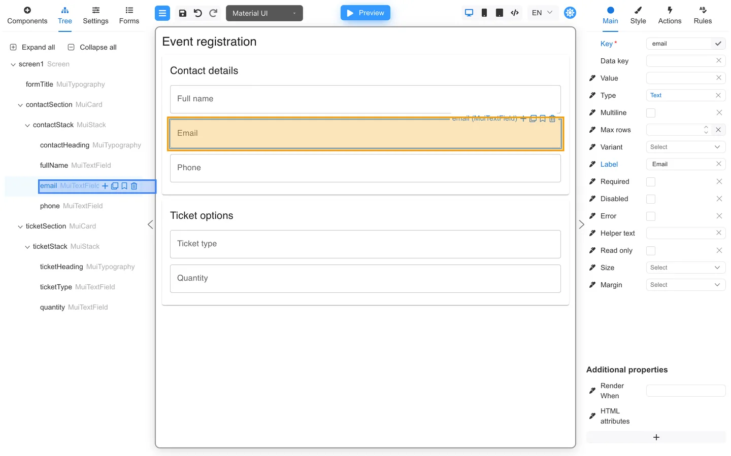 email selected in Tree with the Email field highlighted on the canvas.