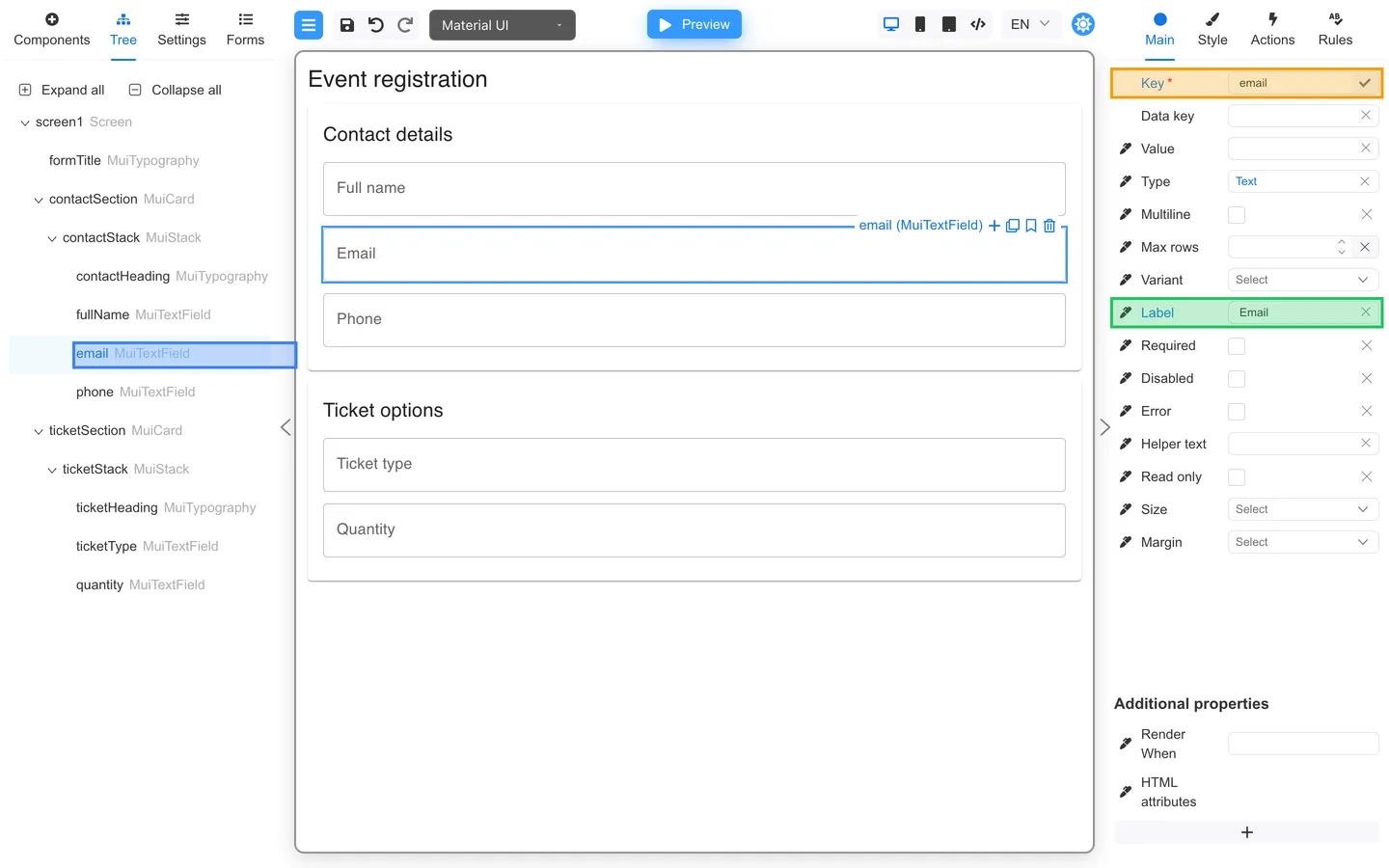 email selected in Tree with Key and Label on Main highlighted.