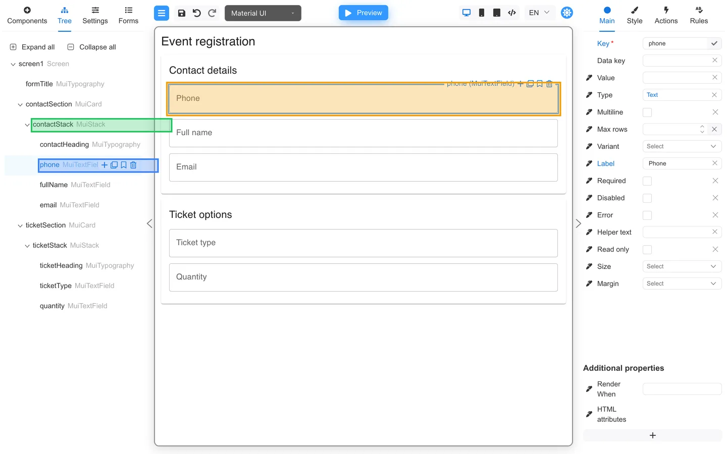 phone moved under contactStack in Tree and shown in Contact details on the canvas.