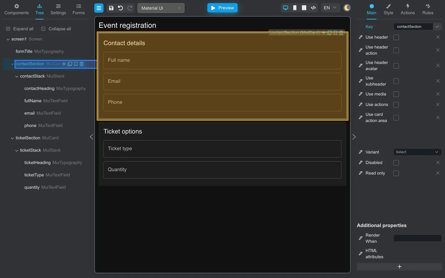 contactSection selected in Tree with the Contact details card highlighted on the canvas.