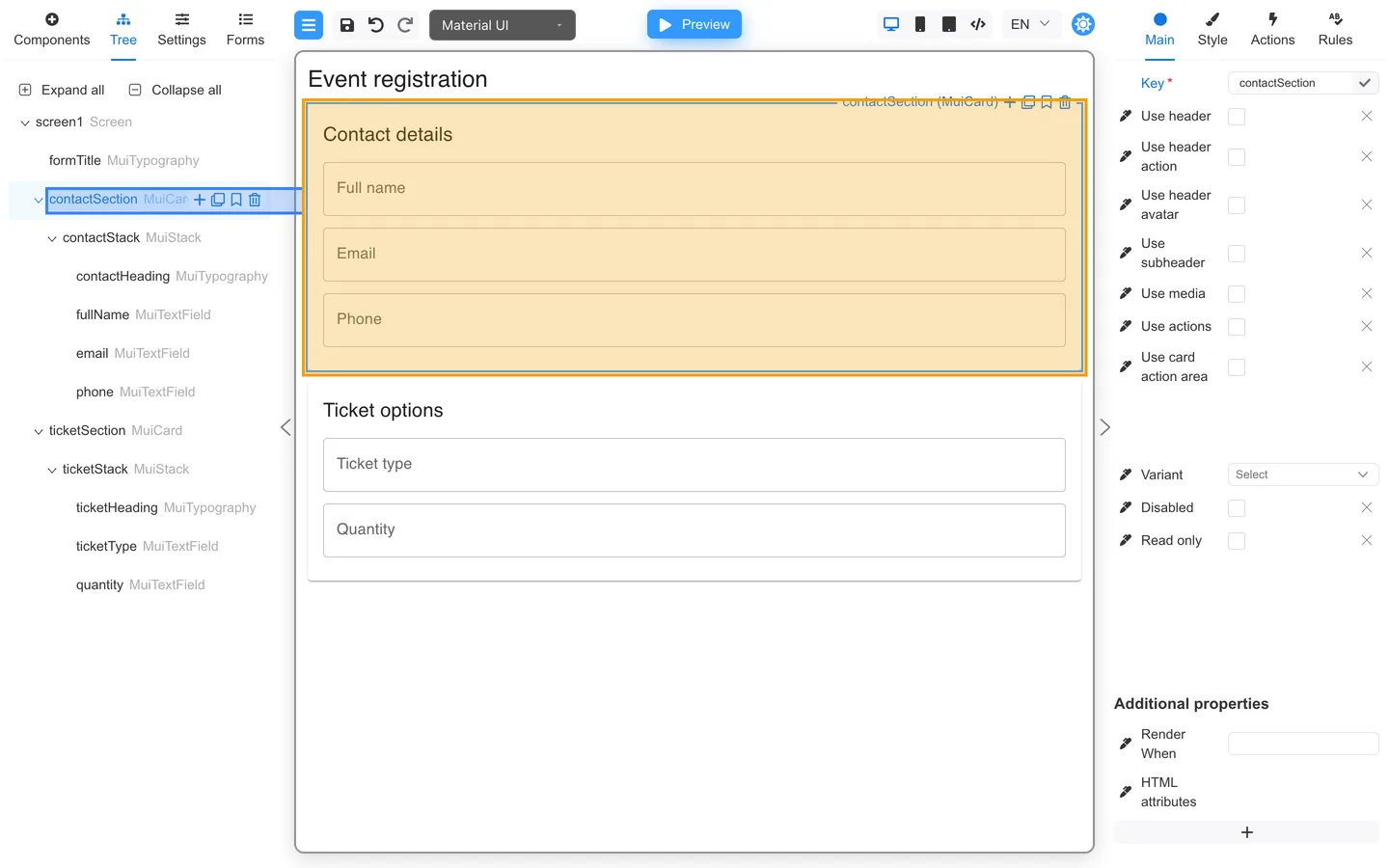 contactSection selected in Tree with the Contact details card highlighted on the canvas.
