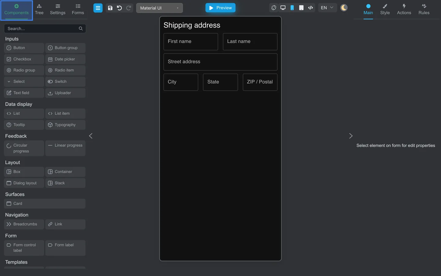 Components tab selected with shipping address form showing side-by-side fields.
