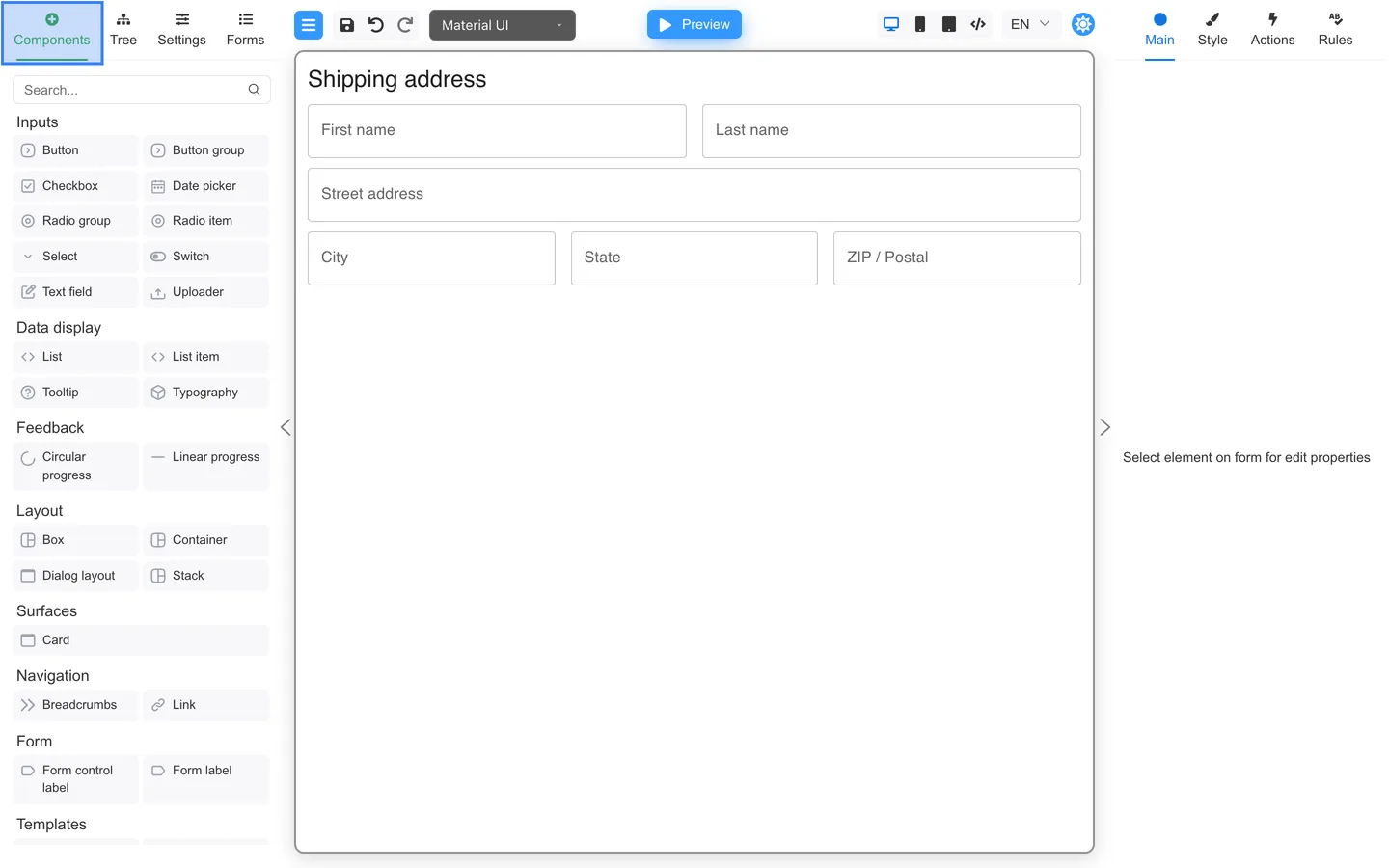 Components tab selected with shipping address form showing side-by-side fields.