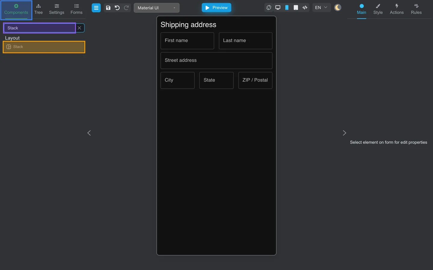 Components tab open with Stack highlighted in the palette search.