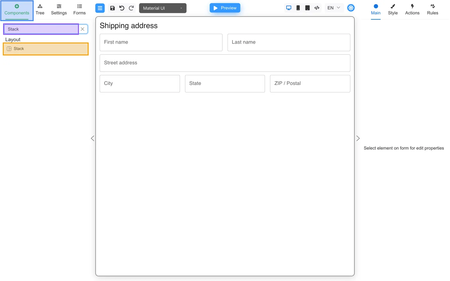 Components tab open with Stack highlighted in the palette search.