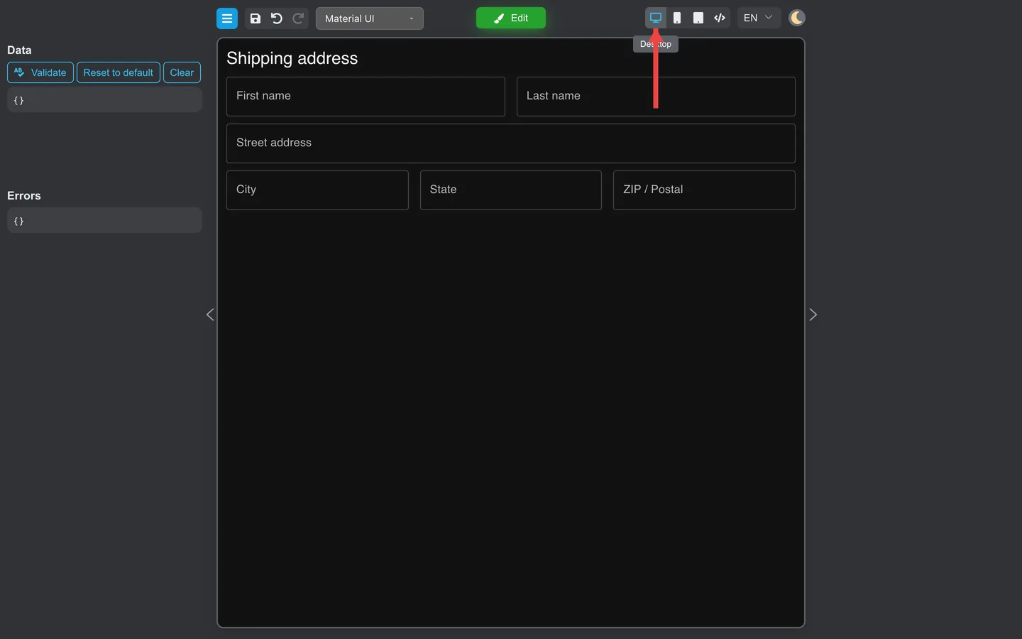 Desktop preview with arrow pointing at the selected Desktop device button.