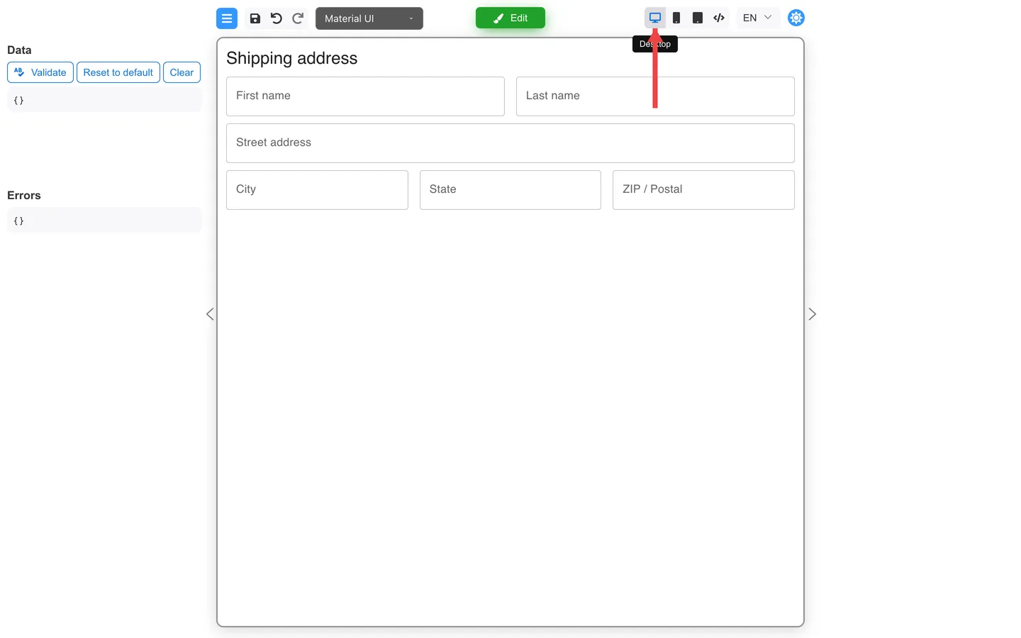 Desktop preview with arrow pointing at the selected Desktop device button.