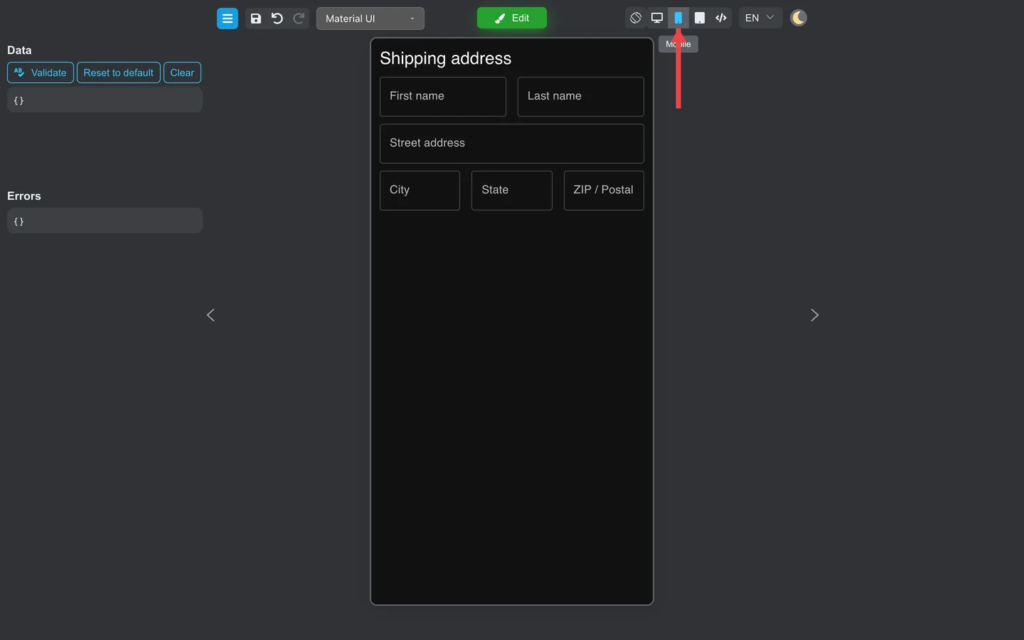 Mobile preview with arrow pointing at the selected Mobile device button.
