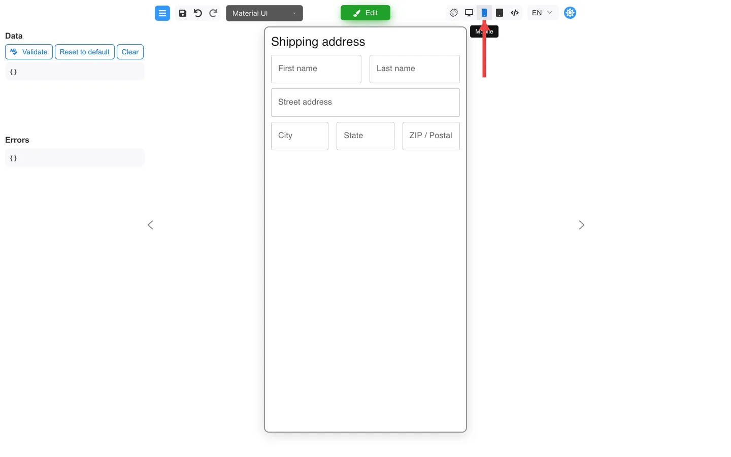 Mobile preview with arrow pointing at the selected Mobile device button.