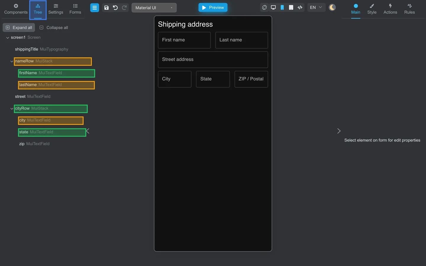 Tree tab open with nameRow and cityRow Stacks and their child text fields.