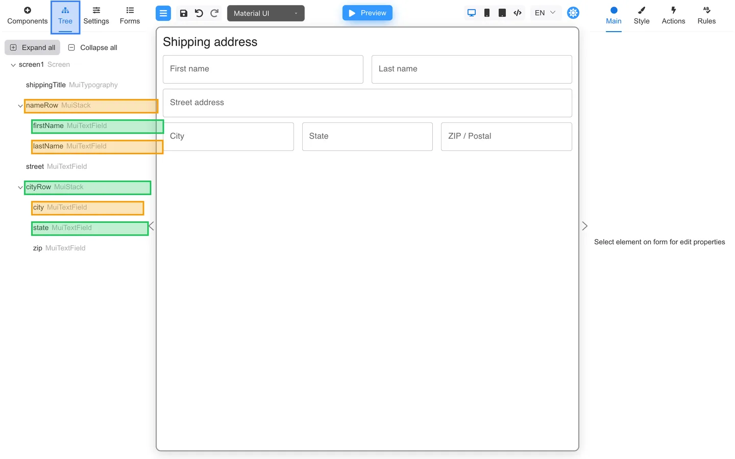 Tree tab open with nameRow and cityRow Stacks and their child text fields.