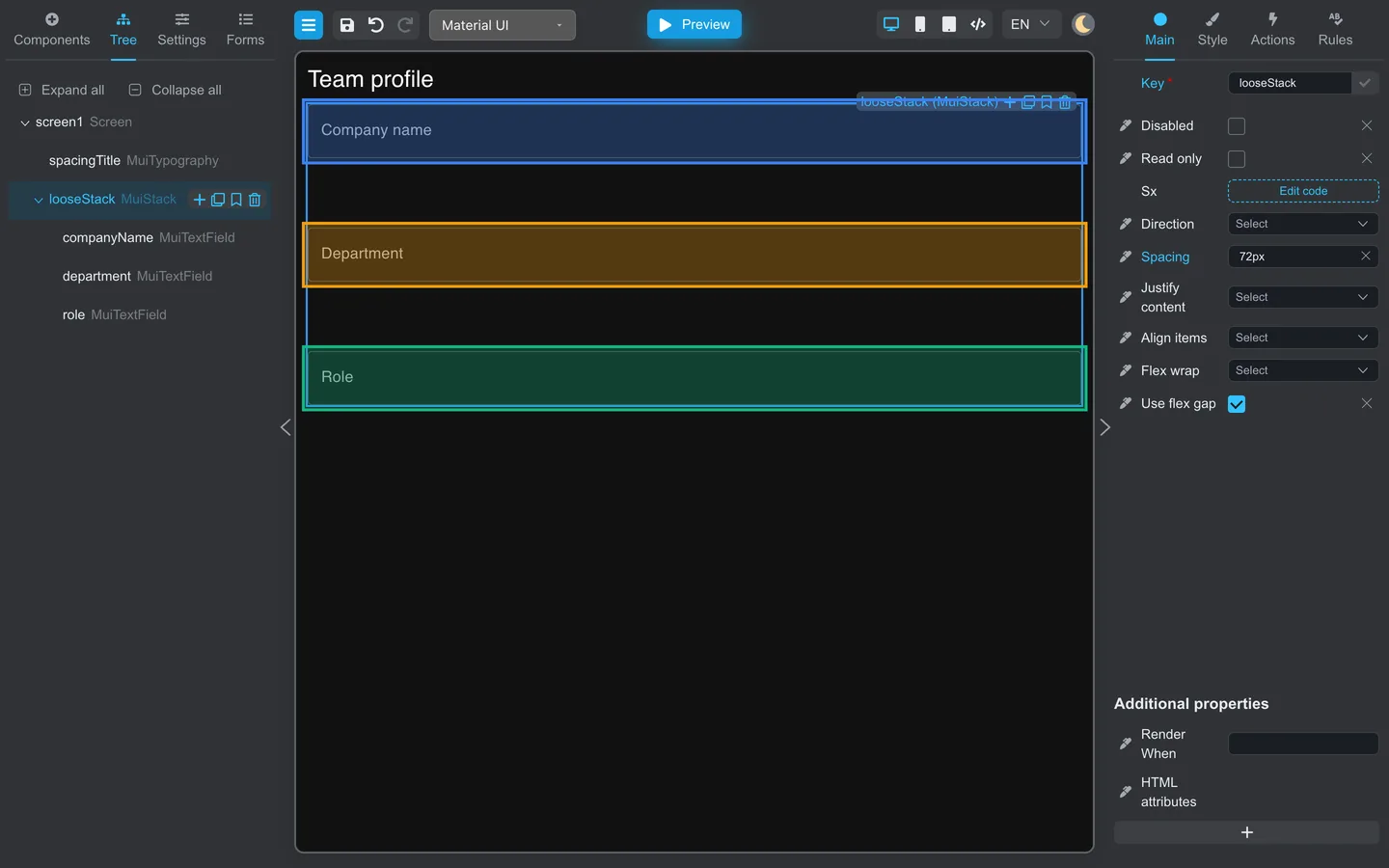 Team profile form with large vertical gaps between three text fields.
