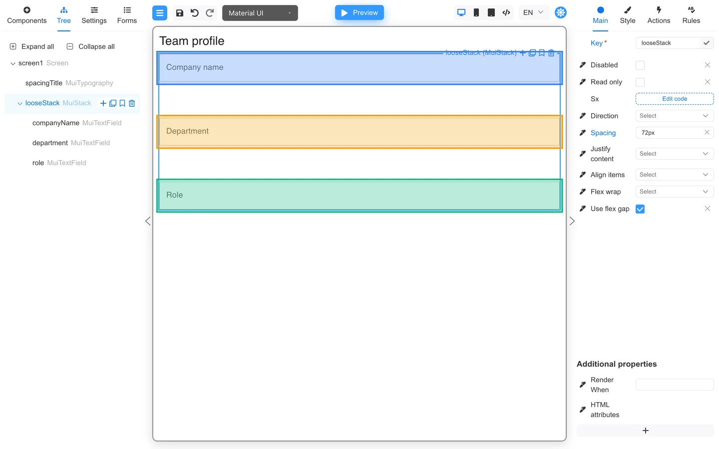 Team profile form with large vertical gaps between three text fields.