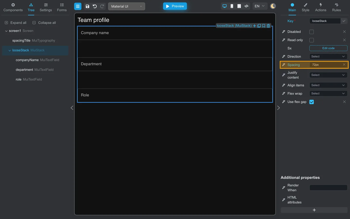 Main tab with the Stack Spacing property highlighted at 72px.